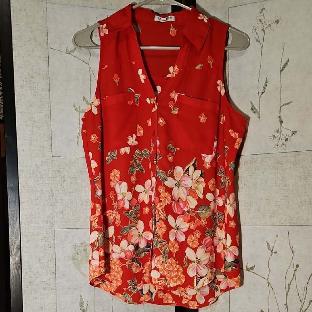 Express Red Blouse with Floral Design and Notched Collar